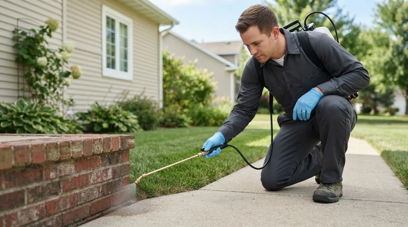 Pest control technician treating a home near Braggs, OK
