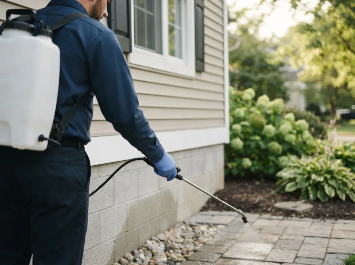 Pest control technician inspecting a home in Braggs, OK